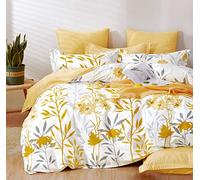 SLEEPBELLA - Funda nórdica de algodón de 600 Hilos, Ramas Grises y Flores Amarillas, Reversible, tamaño Queen, Hojas Blancas