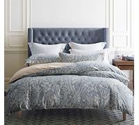 SLEEPBELLA Juego de Funda de edredón tamaño Queen, algodón de 600 Hilos, Color Beige y Gris Azulado, Estampado con Lujoso patrón de Hojas, Reversible, botánico, Juego de Ropa de Cama de 3 Piezas