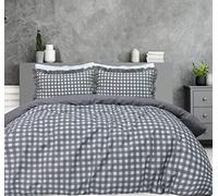 Sleepdown - Juego de Funda de edredón Reversible con diseño de Cuadros Gingham Gris y Borde con Volantes, con Funda de Almohada para Cama Individual (135 x 200 cm)