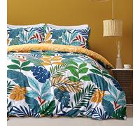 Sleepdown Juego de Funda de edredón Reversible con diseño Floral de Palmeras Tropicales, Multicolor Brillante, Color Ocre Suave, de fácil Cuidado, con Fundas de Almohada, tamaño King (230 x 220 cm)