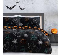 Sleepdown Juego de Funda de edredón Reversible con Funda de edredón de Franela de Color Negro y Naranja con Funda de Almohada cálida y Suave de fácil Cuidado, Individual (135 cm x 200 cm)