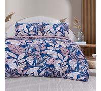 Sleepdown Juego de Funda de edredón Reversible de fácil Cuidado con Palmeras Tropicales, Color Rosa y Azul Marino, con Fundas de Almohada, Doublé (200 x 200 cm)