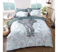 Sleepdown - Juego de Ropa de Cama, con diseño de Elefante y Mandalas, Funda de edredón y Fundas de Almohada, Reversible, hipoalergénico, de fácil Cuidado, Suave, Color Verde Azulado , tamaño Doublé