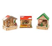 Small Foot 11390 Conjunto de lámparas Mercado navideño, de madera, tres cabañas de madera con luz