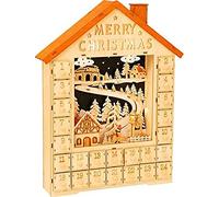 Small Foot 1788 Calendario de Adviento Merry Christmas Hecho en Madera, decoración navideña con iluminación LED, casa navideña