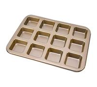 Smandy Mini Moldes para Pan de 12 Cavidades, Molde para Hornear Brownie, Muffins, Utensilios para Hornear de Acero Al Carbono con Revestimiento (Molde para cuadrado dorado extra grueso de)