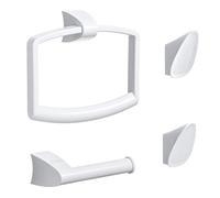 Smart Set de 4 Piezas con 1 aro toallero, 1 portarrollos sin Tapa y 2 colgadores, de plástico ABS, Blanco, y Sistema de fijación Glue & Fix, 32 x 9.5 x 24.7 cm