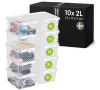 SmartStore 2L Pequeñas Cajas de Almacenamiento de Plástico con Tapas Juego de 10 Transparentes Apilables y Encajables Apto para Contacto Alimentario, sin BPA Cierre con Clips - L 21 x l 17 x H 11 cm
