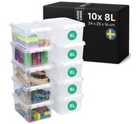 SmartStore 8L - Cajas de almacenamiento de plástico con tapas, 10 unidades, transparentes y apilables, aptas para el contacto con alimentos, cierre de clips, 34 x W 25 x 16 cm