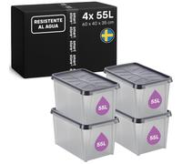 SmartStore Caja Almacenaje con Tapa 55 L I Pack 4 Cajas Apilables I 60 x 40 x 35 cm I Impermeable, Antipolvo I Garaje, Trastero, Sótano I Apta Alimentos I Made in Sweden 10 Años