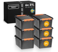 SmartStore Caja Almacenaje Resistente con Tapa I 31L I Pack 6 Cajas Apilables I Garaje Taller Mudanza I Cierre Clip I Made in Sweden I Negra I 50 x 39 x 26 cm