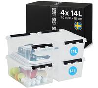 SmartStore cajas de almacenamiento de plástico de 14L con tapas, Juego de 4, Reforzadas, Garantía de 10 años, Seguras para Alimentos, Cierre con Clip, Apilables y Encajables L40 x W30 x H18 cm