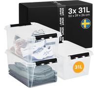 SmartStore cajas de almacenamiento de plástico de 31L, Juego de 3, Reforzadas, Garantía de 10 años, Seguras para Alimentos, Cierre con Clip, Apilables y Encajables, sin BPA L50 x W39 x H26 cm