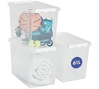 SmartStore Cajas de almacenamiento grandes de plástico de 61 litros con tapa, paquete de 3, reforzadas, transparentes, 10 años, aptas para alimentos, con cierre de clip, apilables y encajables, 59 x