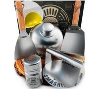 SMASHI® Smash Burger Kit Profesional Acero Inoxidable 304 Certificado EU Contacto Alimentos | Prensa Hamburguesas + Espátulas con Mango de Madera + Accesorios | Incluye 25 Recetas