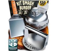 SMASHI® Smash Burger Kit Profesional Madera 5 Piezas Acero Inoxidable | Smasher + Espátula 13cm Mango de Madera + Tapa Smash + 50 Papeles antiadherenets + 25 Recetas Certificado EU Contacto Alimentos