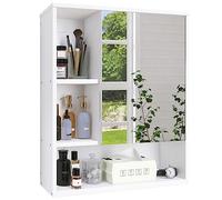 SMIBUY Gabinete de Espejo de baño montado en la Pared, botiquín de Ahorro de Espacio de bambú, gabinete de Pared sobre Inodoro con Puerta de Espejo y Estante Ajustable (Blanco)
