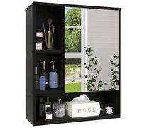 SMIBUY Gabinete de Espejo de baño montado en la Pared, botiquín de Ahorro de Espacio de bambú, gabinete de Pared sobre Inodoro con Puerta de Espejo y Estante Ajustable (Negro)