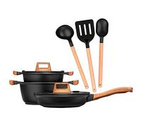 Smile Wood MGK-23 Batería Cocina Inducción 6 Piezas Aluminio Fundido Antiadherente ILAG, Set Cazuelas Tapas Cristal + Sartén, Asas Efecto Madera + Utensilios de Cocina, Vitrocerámica, Gas