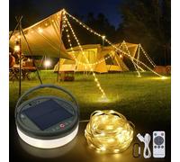 SMY Lighting Cadena de luces solares 4 en 1 para camping, cadena ultra larga de 42.6 pies con 160 LED, funciona con energía solar y luz recargable por USB con control remoto, luz de camping portátil