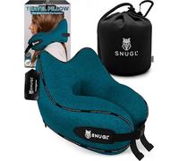 SNUGL Almohada de Viaje Ergonómica - Cojín Cuello Viaje de Espuma Viscoelástica | Almohada Cervical con Bolsa de Transporte para Coche y Avión | (Azul Turquesa - Adulto Regular)