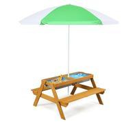 SOARS Mesa de Picnic Infantil con 2 Bancos de Madera Maciza - con Parasol Regulable, Tablero Extraíble y 2 Cajas de Juegos (Blanco)