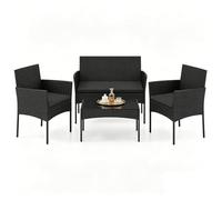 SOARS Set de Jardín de Ratán de 4 Piezas, Juego de Muebles de Jardín con Sofá de 2 Plazas, 2 Sillones y Mesa de Vidrio Templado, Cojines con Funda Desmontable, para Patio, Terraza (Negro)