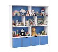 Soayone Estantería Infantil Librería con 4 Cajones Azul | 125.5x33x118 cm 7 compartimentos 4 cajones con ruedas para niños niñas habitación baja montessori azul