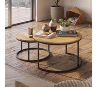 Soayone Mesa Auxiliar Sofa con Marco Negro, Juego de 2 Piezas para la Mesa de Centro Redonda, Coffee Table con Efecto de Grano de Madera, Mesa Centro Madera Modernas