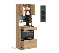 SoBuy Alacena de Cocina con Zona cafetera, 2 Tomas, 2 USB, 60×40×170 cm | Mueble para cafetera con cajón y hueco, estilo retro y acabado de madera, MDF/PB, rincón de café, cocina y salón, FSB98-E-N