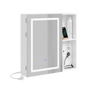 SoBuy Armario Baño Pared con Espejo Luz & Enchufe Mueble Baño 60x15x60 cm | Mueble Auxiliar Suspendido, Espejo Baño Pared con Puerta y Estante, Diseño Moderno, Blanco, BZR239-E-W
