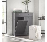 SoBuy Armario de baño con cesta de ropa, 2 cestas extraíbles, 2 cajones, gris con cestas de 45 litros estilo escandinavo BZR33-DG