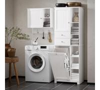 SoBuy: Armario de baño con cesto para ropa. Armario estrecho para baño, estante alto de pie con 6 estantes y 2 cajones. Armario para ropa estrecho, ideal para espacios reducidos. Modelo: BZR104-W