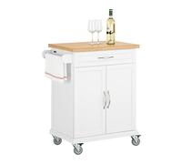SoBuy Carrito Auxiliar de Cocina con Ruedas, encimera de bambú, 84×46×91 cm | Mueble auxiliar con cajón, armario y espacio de almacenaje, como mesa auxiliar o isla para cocina y comedor, MDF, FKW13-II-WN