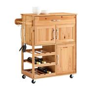 SoBuy Carrito Auxiliar de Cocina, Madera Maciza & botellero, 75x86x38cm | Mueble Auxiliar con encimera, 2 cajones, 2 armarios, ganchos & botellero para 9 botellas, comedor/terraza, FKW45-N
