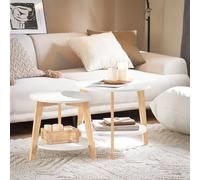 SoBuy FBT75-W Juego de mesas auxiliares con estantes redondos, mesa de centro, mesa de sofá, mesa de café, mesa de salón, color blanco/natural BLANCO