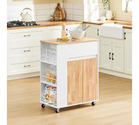 SoBuy FKW132-WN Carrito de servicio con ruedas, carro de cocina con encimera de madera de caucho, carro rodante, carrito auxiliar, estante y armario de cocina, B70 x H90 x T40 cm Blanco múltiple