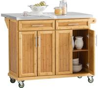 SoBuy FKW69-N: Isla de cocina, carro de cocina, armario de cocina, carro de servicio con encimera de acero inoxidable extensible y detalles en bambú