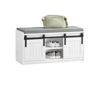SoBuy FSR133-K-W: Zapatero con asiento, armario para zapatos con puertas correderas, banco para zapatos, mueble estrecho para zapatos. Dimensiones aproximadas: 90 x 46 x 35 cm. Color: blanco