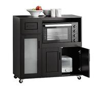 SoBuy Isla Cocina con Vano Microondas, Ruedas & Paso Cables, 88,5×40×89cm | Mueble Cocina con 3 Puertas (1 Cristal), Cajón & Espacio Abierto, carga 60 kg, MDF, para cocina & oficina, FSB78-SCH