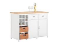 SoBuy Isla de Cocina, 2 cestas de ratán & encimera Extensible, 120x90x56cm | Aparador de Almacenamiento, 9 huecos vino, 2 cajones & balda regulable, carga 80 kg, MDF/PB, cocina & comedor & bar, KNL05-W