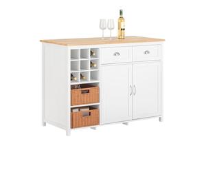 SoBuy Isla de Cocina, 2 cestas de ratán & encimera Extensible, 120x90x56cm | Aparador de Almacenamiento, 9 huecos vino, 2 cajones & balda regulable, carga 80 kg, MDF/PB, cocina & comedor & bar, KNL05-W
