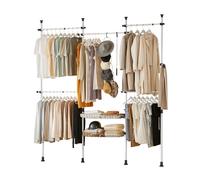 SoBuy KLS04 Soporte telescópico para vestidos con 5 vestidos Barras y 2 cestas Sistema de armarios telescópicos Sistema de estanterías ajustables BLANCO