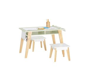 SoBuy Mesa Infantil con 2 Taburetes Soporta hasta 28kg 80x44x50cm | mesa de dibujo con porta rollos y 2 compartimentos, MDF y pino KMB92-GR