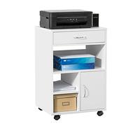 SoBuy Mesa para Impresora con Cajón y Ruedas, para Oficina 50×40x75 cm | Mueble Impresora PB(E1) con 3 compartimentos abiertos y 1 puerta, mesa de escritorio con ruedas, Blanco FBT106-W