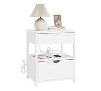 SoBuy Mesita de Noche con Carga 4-en-1 y Estante, Mesa de Noche con Cajones para Dormitorio y Salón, para Adolescentes y Adultos, Blanco, 45x38x55,5 cm, FRG258-II-E-W
