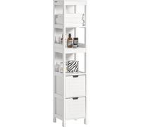 SoBuy: Mueble alto para baño, estantería para baño con protectores para el suelo, mueble para baño con 2 cajones, color blanco, 30x30x145 cm