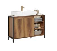 SoBuy Mueble Bajo Lavabo 90cm, Mueble Baño con Corte para Sifón, Muebles para Lavabo con Puertas y Estantes Abiertos, Armario Baño Auxiliar Estilo Industrial Madera y Metal BZR63-L-PF