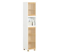 SoBuy Mueble Baño Alto Armario Baño Estrecho 33x165x33 cm Blanco-Natural | Armario Columna de Baño Alto con Puertas de Bambú, Mueble Auxiliar para Almacenaje en Baños Pequeños y Aseos, BZR127-W