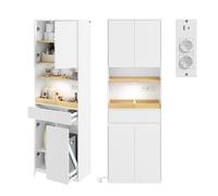 SoBuy Mueble Baño con Luz LED & Enchufe Columna Baño 60x30x180 cm | Armario Baño de Madera, Mueble Auxiliar Baño, Mueble Almacenaje con Puertas, Cajones y Cesto para Colada, Blanco, BZR241-E-W